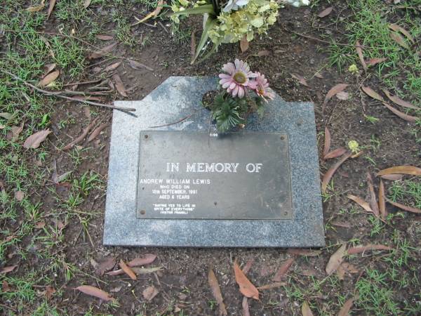 Andrew William LEWIS  | 12 Sep 1991  | aged 6  |   | Albany Creek Cemetery, Pine Rivers  |   | 