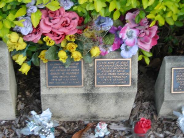 Simon W RUMSEY?  | 19 Aug 98 ?  | 21 years?  | father of Kayla  |   | Helena Maree VASSTON?  | 11 Sep 98 ?  | aged 19 ?  | mother of Kayla  |   | Albany Creek Cemetery, Pine Rivers  |   |   | 