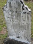 
Gottfried KRIEDEMANN,
born Wollin 6 Sep 1837
died 30 Nov 1895;
Alberton Cemetery, Gold Coast City
