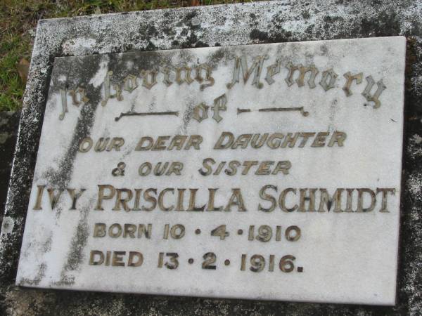 Ivy Priscilla SCHMIDT,  | daughter sister,  | born 10-4-1910 died 13-2-1916;  | Alberton Cemetery, Gold Coast City  | 