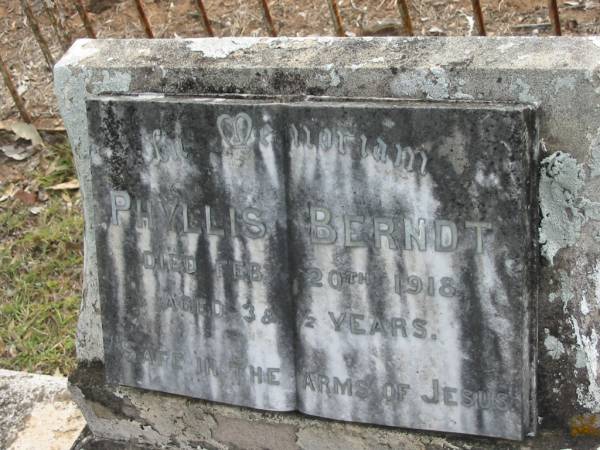 Phyllis BERNDT,  | died 20 Feb 1918 aged 3 & 1/2 years;  | Alberton Cemetery, Gold Coast City  | 