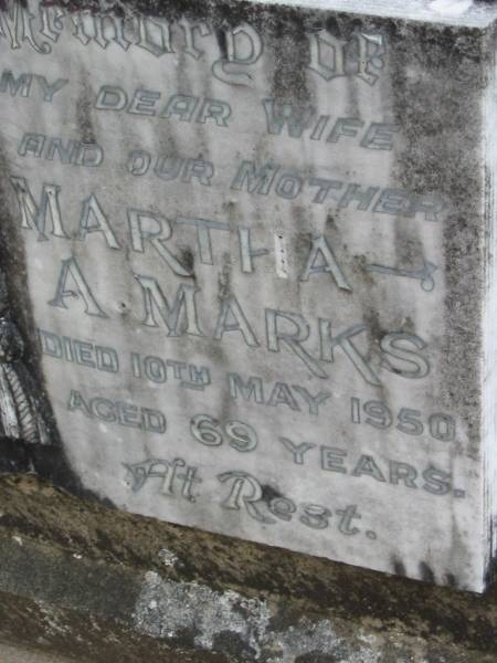 A.A. Jacob MARKS, father,  | died 21 Nov 1952 aged 76 years;  | Martha A. MARKS, wife mother,  | died 10 May 1950 aged 69 years;  | Alberton Cemetery, Gold Coast City  | 