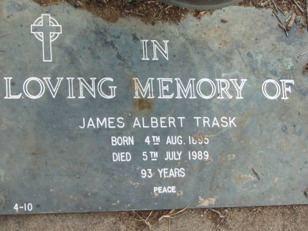 James Albert TRASK,  | born 4 Aug 1895  | died 5 July 1989 aged 93 years;  | Alberton Cemetery, Gold Coast City  | 