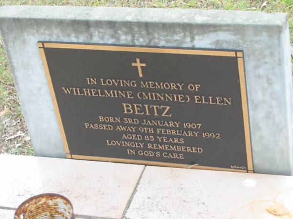 Wilhelmine (Minnie) Ellen BEITZ,  | born 3 Jan 1907 died 9 Feb 1992 aged 85 years;  | Alberton Cemetery, Gold Coast City  | 