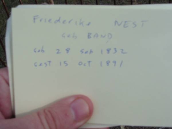 Friederike NEST (nee BAND),  | born 28 Sept 1832 died 15 Oct 1891;  | Alberton Cemetery, Gold Coast City  | 