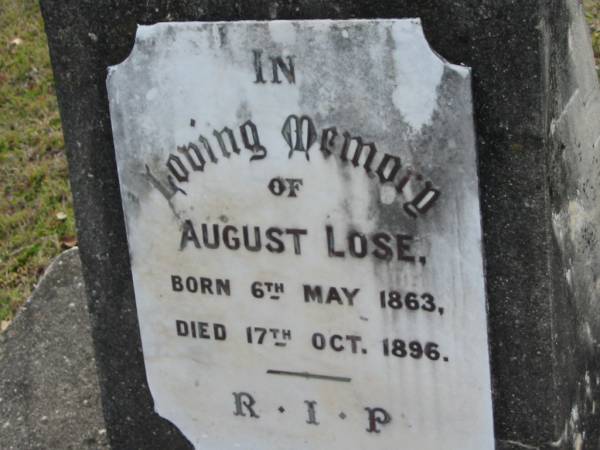 August LOSE,  | born 6 May 1863 died 17 Oct 1896;  | Alberton Cemetery, Gold Coast City  | 