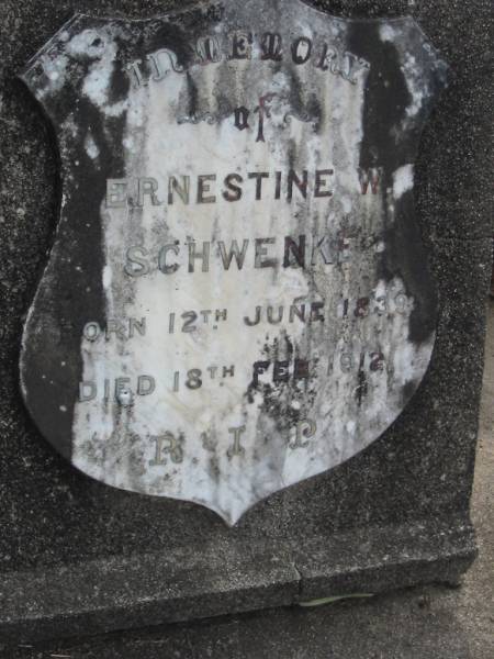 Ernestine W. SCHWENKE.  | born 12 June 1839 died 18 Feb 1912;  | Alberton Cemetery, Gold Coast City  | 