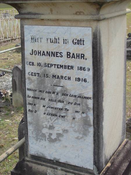Johannes BAHR,  | born 10 Sept 1869 died 15 March 1916;  | Alberton Cemetery, Gold Coast City  | 