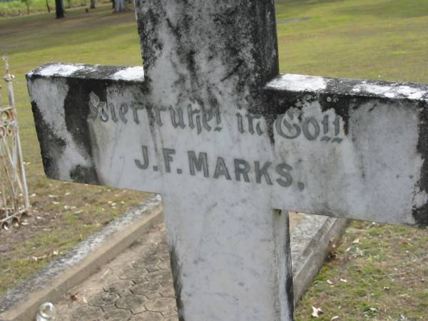 J.F. MARKS,  | born 15 Feb 1836,  | died 29 Aug 1917;  | Alberton Cemetery, Gold Coast City  | 