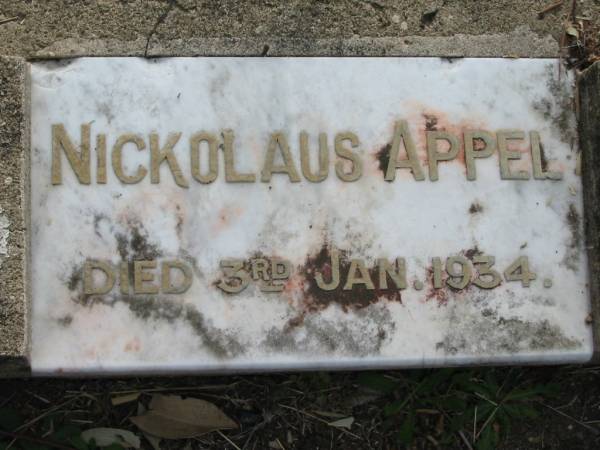 Nickolaus Appel,  | died 3 Jan 1934;  | Alberton Cemetery, Gold Coast City  | 