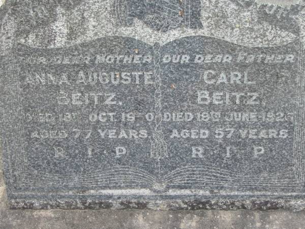 Anna Auguste BEITZ, mother,  | died 18 Oct 1950 aged 77 years;  | Carl BEITZ, father,  | died 19 June 1926 aged 57 years;  | Alberton Cemetery, Gold Coast City  | 