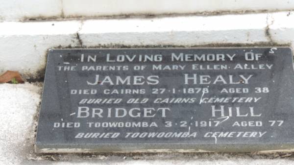 parents of Mary Ellen ALLEY  |   | James HEALY  | d: Cairns 27 Jan 1878 aged 38  | buried Old Cairns Cemetery)  |   | Bridget HILL  | d: Toowoomba 3 Feb 1917 aged 77  | buried Toowoomba Cemetery  |   | Alley Family Graves, Gordonvale  | 