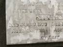 died 20 Jan 1970 aged 84 years; Samuel STEVENS, died 6 Sept 1970 aged 83 years; Alice Jane STEVENS, died 20 Jan 1970 aged 84 years; Appletree Creek cemetery, Isis Shire 