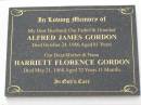 
ALfred James GORDON,
husband father grandad,
died 24 Oct 1966 aged 81 years;
Harriett Florence GORDON,
mother nana,
died 21 May 1968 aged 72 years 11 months;
Appletree Creek cemetery, Isis Shire
