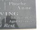 
Edward George EWING,
died 19 Aug 1969 aged 81 years;
Phoebe Anne EWING,
died 7 Jan 1955 aged 63 years;
Appletree Creek cemetery, Isis Shire
