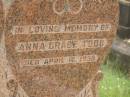 William TODD, died 7 Dec 1939; Anna Grace TODD, died 16 April 1958; Appletree Creek cemetery, Isis Shire 