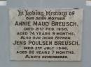 
Annie Maud BREUSCH,
mother,
died 21 Feb 1950 aged 74 years 9 months;
Jens Poulsen BREUSCH,
father,
died 2 July 1946 aged 82 years 7 months;
David James BREUSCH,
died 15 Nov 1978 aged 62 years;
Ellenor Annie BREUSCH,
died 18 Oct 2000 aged 84 years;
Appletree Creek cemetery, Isis Shire
