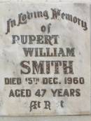 Rupert William SMITH, died 15 Dec 1960 aged 47 years; Ivy Maud SMITH, died 27 Nov 200 aged 88 years; R.W. SMITH, died 15 Dec 1960 aged 47 years; Appletree Creek cemetery, Isis Shire 