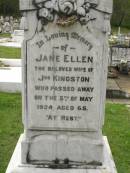 Jane Ellen, wife of Jos. KINGSTON, died 5 May 1924 aged 65 years; Joseph KINGSTON, died 1946 aged 92 years; Appletree Creek cemetery, Isis Shire 