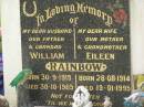 William RAINBOW, husband father grandad, born 30-9-1915, died 30-10-1985; Eileen RAINBOW, wife mother grandmother, born 28-08-1914, died 19-01-1995; Appletree Creek cemetery, Isis Shire 