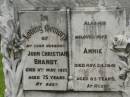 
John Christian BRANDT,
died 11 May 1923 aged 75 years;
Annie,
wife,
died 24 Nov 1941 aged 83 years;
Appletree Creek cemetery, Isis Shire
