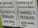 
Beatrice M. HEBBARD,
mother,
1876 - 1930;
Charles S. HEBBARD,
father,
1872 - 1948;
Appletree Creek cemetery, Isis Shire
