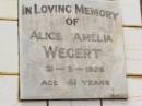 Alice Amelia WEGERT, died 31-3-1926 aged 41 years; Appletree Creek cemetery, Isis Shire 