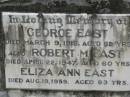 
George EAST,
died 9 March 1915 aged 52 years;
Robert M. EAST,
died 22 April 1947 aged 60 years;
Eliza Ann EAST,
died 19 Aug 1959 aged 93 years;
Jane Ann EAST,
died 27 May 1974 aged 83 years;
Appletree Creek cemetery, Isis Shire
