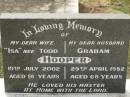 "Isa" HOOPER nee TOOD, wife, died 19 July 2002 aged 91 years; Graham HOOPER, husband, died 29 April 1982 aged 68 years; Appletree Creek cemetery, Isis Shire 