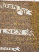 Agnes TERKELSEN, mother, died 8 Nov 1989 aged 95 years; Neil TERKELSEN, father, died 27 Feb 1969 aged 77 years; Joan Marcia TERKELSEN, 19-7-1929 - 8-6-2001, wife of Warren, mother of Kay, Kerry, Ross, Gail & Corrine; Warren Neville TERKELSEN, 22-9-1924 - 6-4-2003m husband of Joan, father of Kay, Kerry, Ross, Gail & Corrine; Appletree Creek cemetery, Isis Shire 