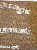 
Agnes TERKELSEN,
mother,
died 8 Nov 1989 aged 95 years;
Neil TERKELSEN,
father,
died 27 Feb 1969 aged 77 years;
Joan Marcia TERKELSEN,
19-7-1929 - 8-6-2001,
wife of Warren,
mother of Kay, Kerry, Ross, Gail & Corrine;
Warren Neville TERKELSEN,
22-9-1924 - 6-4-2003m
husband of Joan,
father of Kay, Kerry, Ross, Gail & Corrine;
Appletree Creek cemetery, Isis Shire
