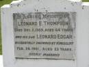Leonard E. THOMPSON, died 2 Dec 1959 aged 64 years; Leonard Edgar, son, accidentally drowned at Kingscliff 26 Feb 1961 aged 23 years; Appletree Creek cemetery, Isis Shire 
