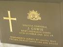 J. COWIE, died 12 Ocr 1968 aged 59 years, remembered by wife Thelma, Shirley, David, Jan & Denise; Appletree Creek cemetery, Isis Shire 
