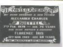 
Alexander Charles BUETTEL,
husband father,
died 7 Feb 1970 aged 75 years;
Florence Iris,
mother grandma,
died 19 Mar 1989 aged 68 years;
Appletree Creek cemetery, Isis Shire
