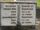 Sarah Ann ROBINSON, died 22-8-37 aged 65 years; Joseph Henry ROBINSON, died 13-1-45 aged 82 years; Appletree Creek cemetery, Isis Shire 