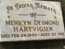 Mervyn Desmond HARTVIGSEN, died 24 Feb 1945 aged 27 years; Appletree Creek cemetery, Isis Shire 