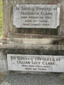 
Frederick CLARK,
died 29 March 1930 aged 67 years;
Lillian Lucy CLARK,
died 11 Feb 1957 aged 90 years;
Appletree Creek cemetery, Isis Shire
