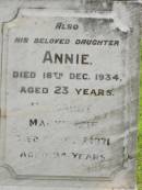 
John MACKENZIE,
accidentally killed 8 Aug 1925 aged 68 years;
Annie,
daughter,
died 16 Dec 1934 aged 23 years;
Margaret MACKENZIE,
died 27 Sept 1971 aged 94 years;
Appletree Creek cemetery, Isis Shire

