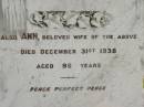 Thomas ASKERN, died 12 Sept 1909 aged 68 years; Ann, wife, died 31 Dec 1938 aged 96 years; Appletree Creek cemetery, Isis Shire 