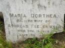 
Maria Dorthea,
wife of Andreas FREDERIKSEN,
died 13 Dec 1906 aged 66 years;
Appletree Creek cemetery, Isis Shire
