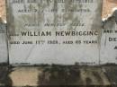 
George,
son of W. & C. NEWBIGGING,
died of wounds in France
9 June 1917 aged 22 years;
Colin,
died suddenly 6 July 1913 aged 2 years 5 months;
William NEWBIGGING,
died 17 June 1928 aged 65 years;
William,
son,
killed in action in France
24 April 1918 aged 19 years;
mother and wife of William senior,
died 21 June 1931 aged 59 years;
Appletree Creek cemetery, Isis Shire
