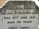 George, son of W. & C. NEWBIGGING, died of wounds in France 9 June 1917 aged 22 years; Colin, died suddenly 6 July 1913 aged 2 years 5 months; William NEWBIGGING, died 17 June 1928 aged 65 years; William, son, killed in action in France 24 April 1918 aged 19 years; mother and wife of William senior, died 21 June 1931 aged 59 years; Appletree Creek cemetery, Isis Shire 