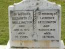 Elizabeth J.J. SKILLINGTON, died 16 June 1970 aged 93 years; Laurence SKILLINGTON, died 11 March 1930 aged 58 years; Appletree Creek cemetery, Isis Shire 