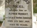 Myrtle Venetia, only daughter of C. & A.E. ANDERSEN, died 2 June 1915 aged 20 years 2 months; Emma, wife of C. ANDERSEN, died 16 Jan 1933 aged 73 years; Christian ANDERSEN, died 16 Sept 1942 aged 88 years; Nigel, son of Alfred Herbert & Leila St Barbe ANDERSEN, died 11 Dec 1921 aged 8 1/2 years; Appletree Creek cemetery, Isis Shire 
