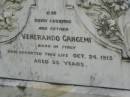 
Venerando GANGEMI,
husband father,
born Italy,
died 24 Oct 1915 aged 33 years;
Appletree Creek cemetery, Isis Shire
