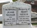 Jessie NIESLER, died 18 Jan 1993 aged 101 years; Henry NIESLER, accidentally killed 29 Aug 1947 aged 58 years; Appletree Creek cemetery, Isis Shire 