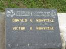 Donald V. NOWITZKE, 9-10-1936 - 5-10-1951; Victor O. NOWITZKE, 25-5-1906 - 14-6-1980; Appletree Creek cemetery, Isis Shire 