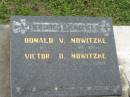 
Donald V. NOWITZKE,
9-10-1936 - 5-10-1951;
Victor O. NOWITZKE,
25-5-1906 - 14-6-1980;
Appletree Creek cemetery, Isis Shire
