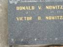 Donald V. NOWITZKE, 9-10-1936 - 5-10-1951; Victor O. NOWITZKE, 25-5-1906 - 14-6-1980; Appletree Creek cemetery, Isis Shire 
