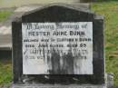 
Hester Anne BUNN,
wife of Clifford H. BUNN,
died 10 June 1956 aged 69 years;
Clifford Handel BUNN,
died 24 Oct 1965 aged 75 years;
Appletree Creek cemetery, Isis Shire
